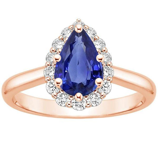 Halo Ring Roségold Birnenform Blauer Saphir & Diamanten 3.75 Karat