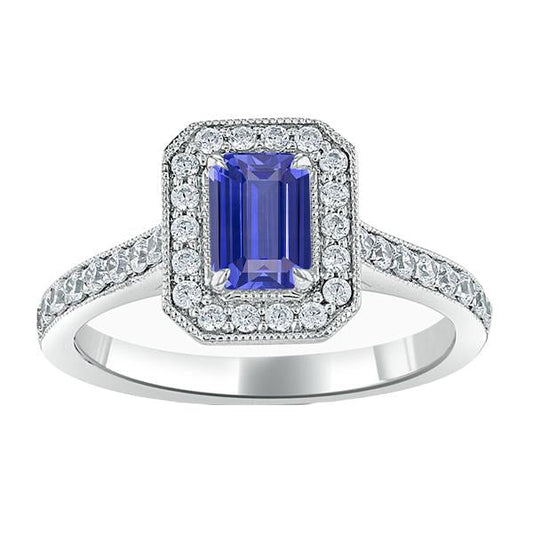 Halo Ring Smaragd Saphir & Diamanten 3 Karat Weißgold Milgrain - harrychadent.ch