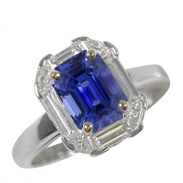 Halo Ring Smaragdblauer Saphir Trillion & Baguette Diamanten 3 Karat - harrychadent.ch