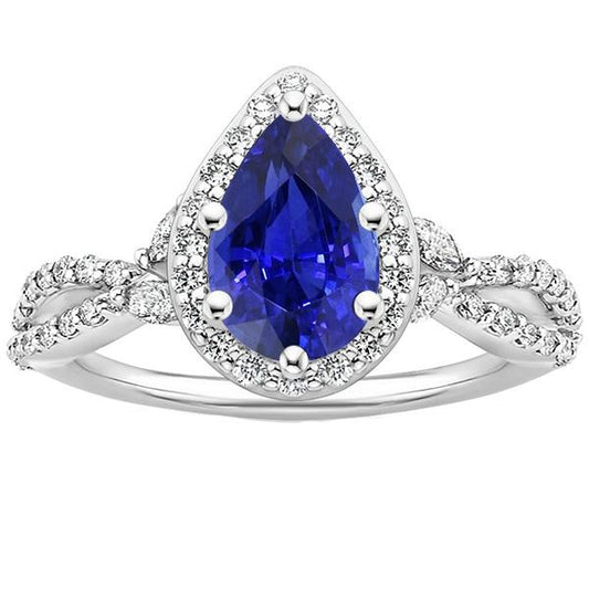 Halo Ring Twist Style Birne Ceylon Saphir & Diamanten 3,50 Karat