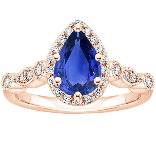 Halo Ring Vintage-Stil Birnenblauer Saphir & Diamanten 4 Karat