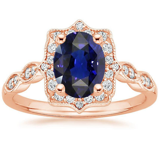 Halo Ring Vintage-Stil Oval Ceylon Saphir & Diamanten 3.75 Karat - harrychadent.ch