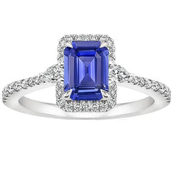 Halo Ring Weißgold 14K Smaragdblauer Saphir & Diamant 4,25 Karat
