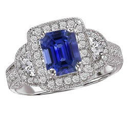 Halo Runden & Half Moon Diamant Blauer Saphir Ring Smaragdschliff 4 Karat