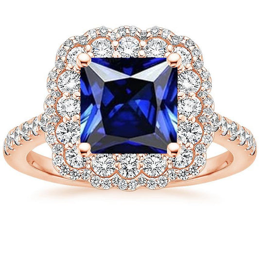 Halo Runder Diamantring Blumenstil Prinzessin Blauer Saphir 7 Karat - harrychadent.ch