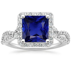 Halo Saphir Diamantring Princess Cut Twisted Shank Gold 6,25 Karat
