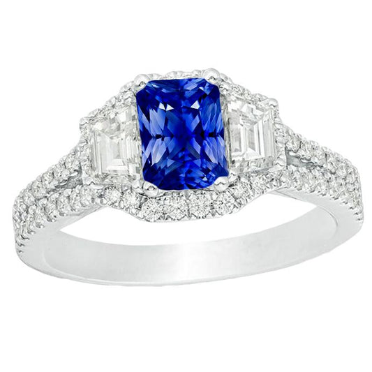Halo Saphir-Verlobungsring 4 Karat Trapeze & Diamanten in Pavé-Fassung - harrychadent.ch