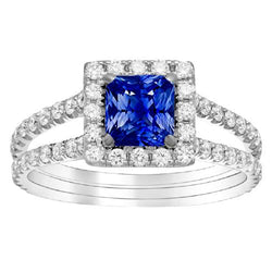 Halo Saphir-Verlobungsring-Set Pave Diamant Gold Band 3 Karat