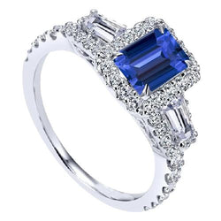 Halo Smaragd Ehering Blauer Saphir Baguette Diamanten 3,50 Karat
