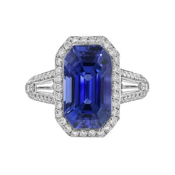 Halo Smaragd Saphir Ring mit runden & Baguette Diamanten 4 Karat