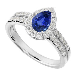 Halo Srilanka Saphir Ring Birne Weißgold & Diamanten 4 Karat
