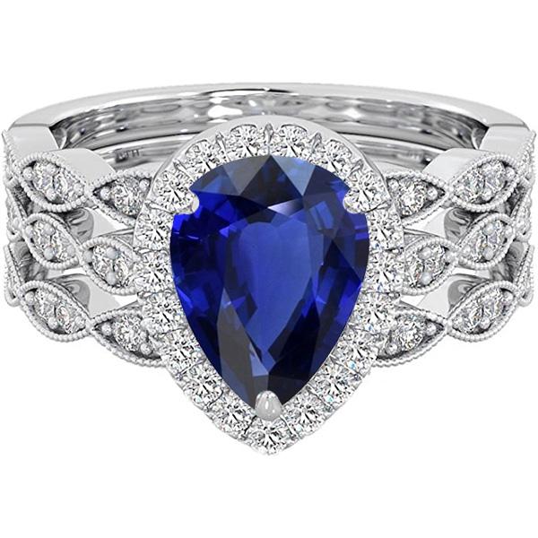 Halo Trauring-Set im Birnenschliff Blauer Saphir Vintage-Stil 4,50 Karat - harrychadent.ch