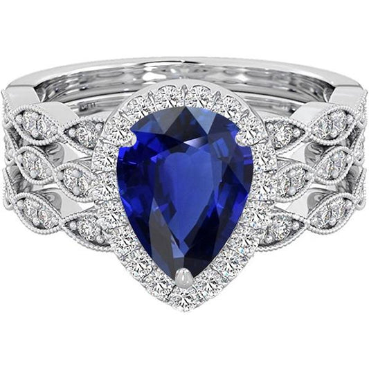 Halo Trauring-Set im Birnenschliff Blauer Saphir Vintage-Stil 4,50 Karat - harrychadent.ch