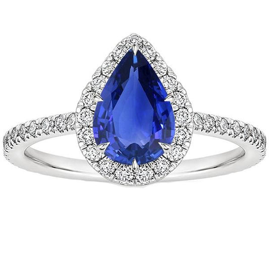 Halo Verlobungsring Birne Ceylon Saphir & Diamanten 3,50 Karat