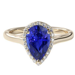 Halo-Verlobungsring Birnenschliff Blauer Saphir & Diamanten 4 Karat