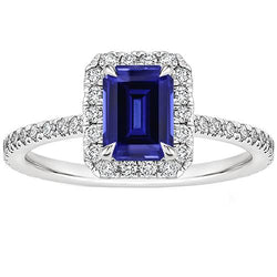 Halo Verlobungsring Smaragdschliff Ceylon Saphir & Diamant 4,25 Karat
