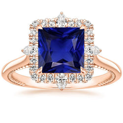 Halo Verlobungsring Vintage-Stil Blauer Saphir 6,25 Karat Roségold