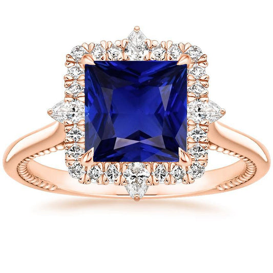 Halo Verlobungsring Vintage-Stil Blauer Saphir 6,25 Karat Roségold - harrychadent.ch