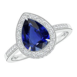 Halo Weißgold Ring Birne Pave Set Diamant Blauer Saphir 2,50 Karat