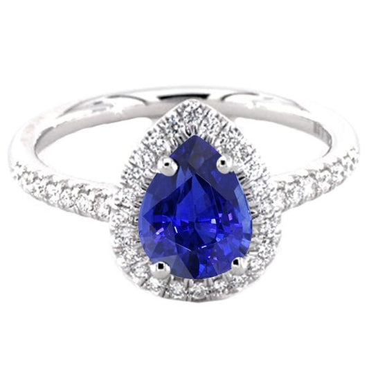 Jubiläumshalo-Ring Birne Blauer Saphir & Diamanten 3,25 Karat - harrychadent.ch