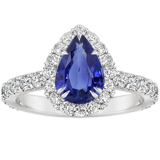 Jubiläumsring Halo Blue Saphir 4,50 Karat & Pave Set Birne - harrychadent.ch