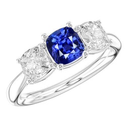 Kissen Saphir Drei Steine Ring 2,50 Karat Diamanten Goldschmuck