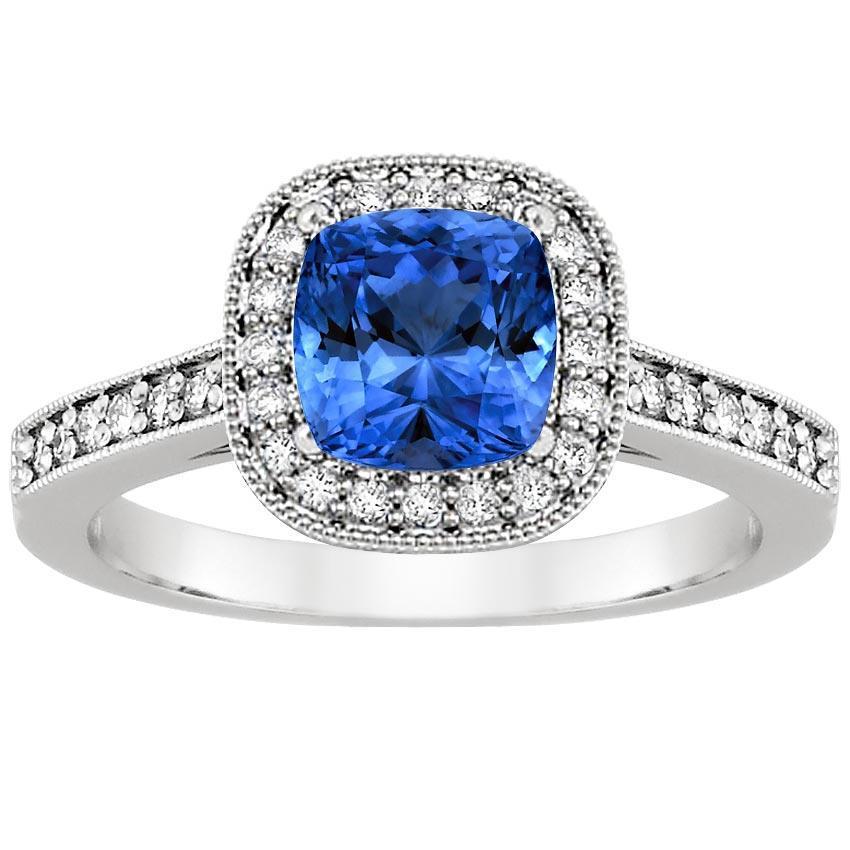 Kissen Sri Lanka Blauer Saphir Diamanten 3.40 ct Ring Weißgold 14K - harrychadent.ch