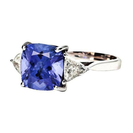 Kissen Tansanit AAA Diamanten 3 Karat 3-Stein Ring Weißgold 14K
