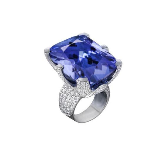 Kissen Tansanit & Runde Diamanten Gold 8,50 Karat Ring Neu