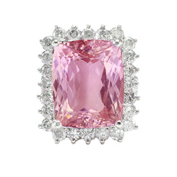 Kissenschliff rosa Kunzit mit Diamantring Weißgold Schmuck 21 Ct