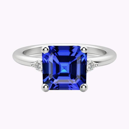 Kleiner runder Diamant 3 Stein Blauer Saphir Ring Asscher Schliff 2,75 Karat - harrychadent.ch