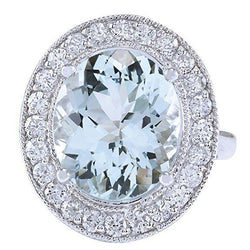 Krappen-Set 11 Kt Runder Aquamarin Und Diamanten Ring Weißgold 14K