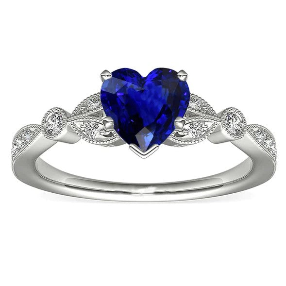 Miligrain Deep Blue Sapphire Ring 3 Karat Runddiamant im Blattstil