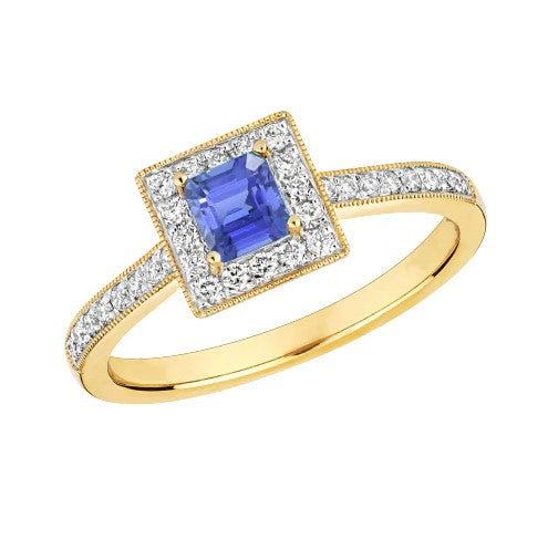 Milligrain Gelbgold-Diamantring Halo Ceylon-Saphir 2 Karat