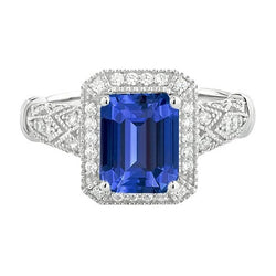 Milligrain Halo Smaragdblauer Saphirring 4 Karat mit Diamanten
