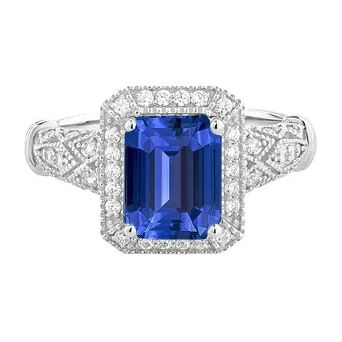 Milligrain Halo Smaragdblauer Saphirring 4 Karat mit Diamanten
