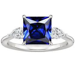 Natürlicher Princess Ceylon Saphir & Birne Diamant 3 Stein Ring 4 Karat