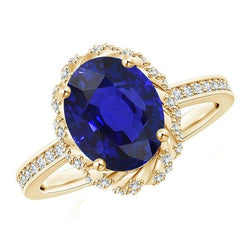 Oval Halo Edelstein Ring Blauer Saphir Pave Diamant Gelbgold 7 Karat