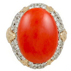 Ovale rote Koralle mit Diamanten 11,20 ct Ehering 14K Gelbgold 14K