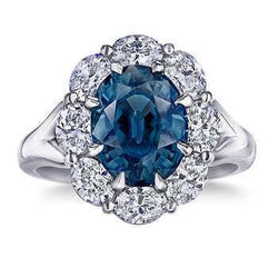 Ovaler blauer Saphir-Halo-Diamant-Hochzeitsring 3,30 ct. Weißgold 14K