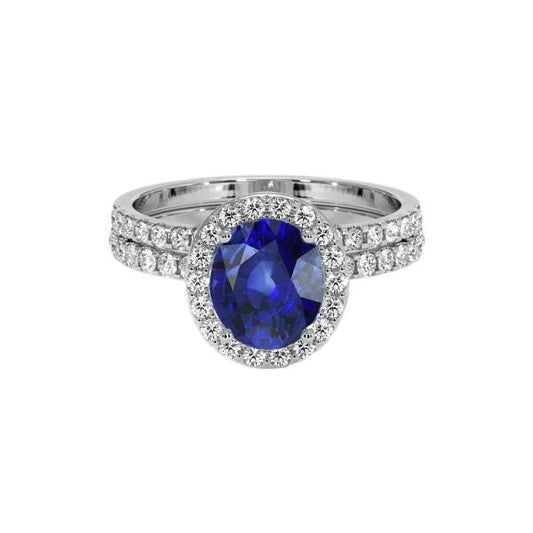 Ovaler blauer Saphir Halo-Verlobungsring-Set 10,25 Karat Weißgold - harrychadent.ch