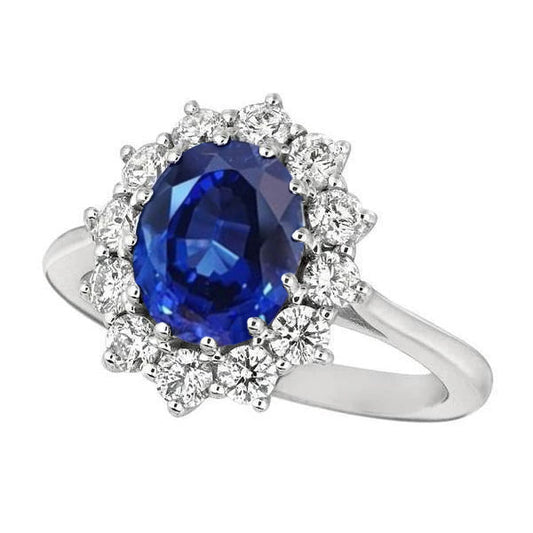 Ovaler blauer Saphir & runde Diamanten Halo-Ring 6.50 ct. Weißgold 14K