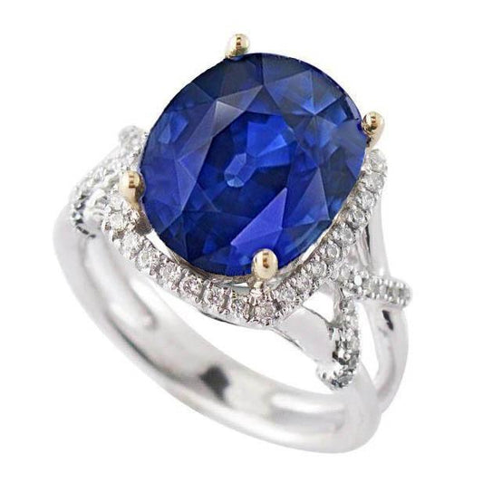 Ovaler blauer Saphir und Diamanten im Rundschliff-Edelsteinring 7.80 Karat