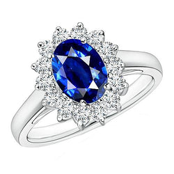 Ovaler Diamant-Verlobungsring Halo Ceylon Saphir 6 Karat Blumenstil