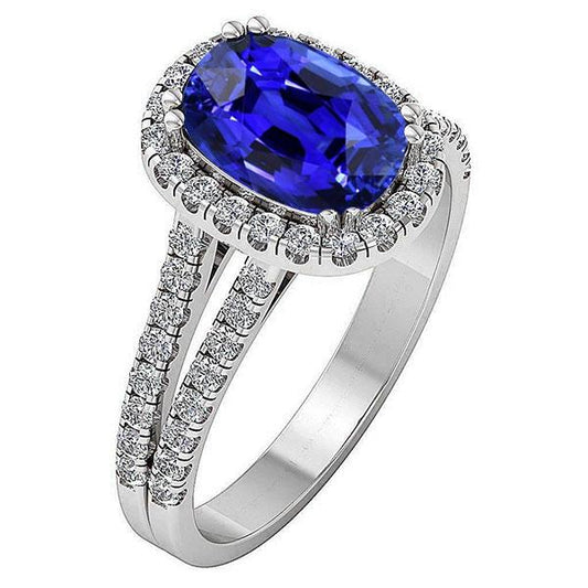 Ovaler Halo Blue Saphir Ring Split Shank Diamant 5 Karat - harrychadent.ch
