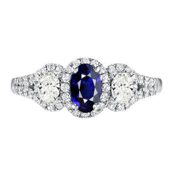 Ovaler Saphir Halo Ring 3 Steine Stil 3,50 Karat Split Shank Diamanten