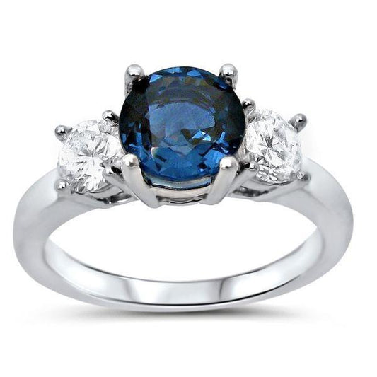 Ovaler Saphir mit 3 Steinen und runden Diamanten Ring 4 Karat Weißgold 14K