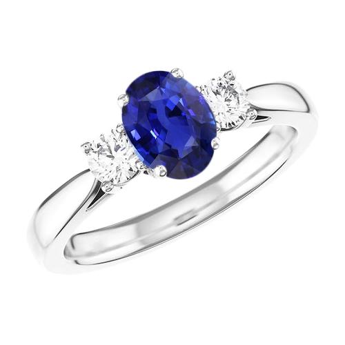 Ovaler Saphirring mit drei Steinen runder Diamant 2 Karat Gold 14K - harrychadent.ch