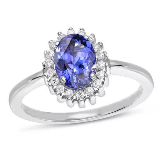 Ovaler Tansanit Ring mit Diamanten 9 Karat Neugold Weiß 14K - harrychadent.ch