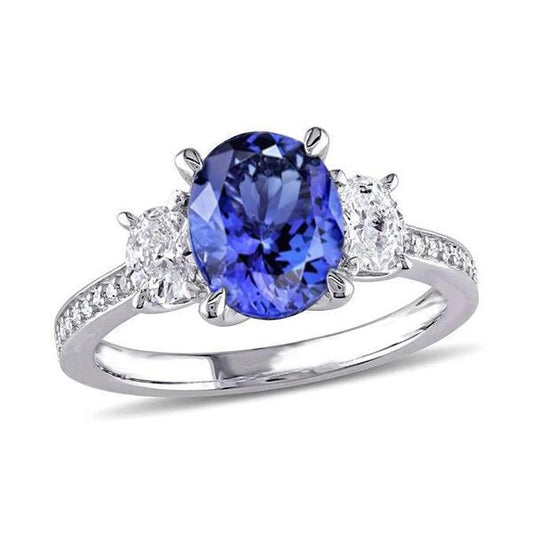Ovalschliff 4,50 ct. Tansanit mit Diamanten 3-Stein-Stil-Ring 14K - harrychadent.ch